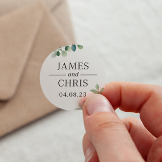 Watercolour Eucalyptus Names & Date Printed Wedding Stickers