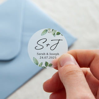 Green Eucalyptus Initials & Details Printed Wedding Stickers