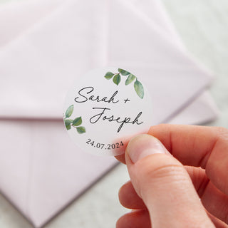 Green Eucalyptus Names & Date Printed Wedding Stickers