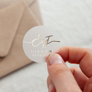 Minimal Script Initials & Details Foiled Wedding Stickers