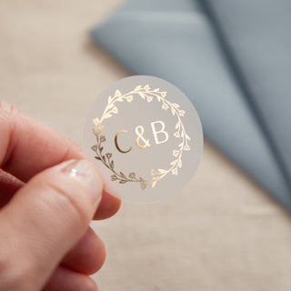 Initials and Wreath Foiled Wedding Stickers