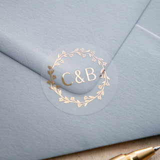 Initials and Wreath Foiled Wedding Stickers