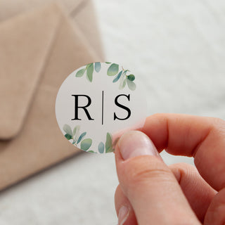 Watercolour Eucalyptus Initials Printed Wedding Stickers