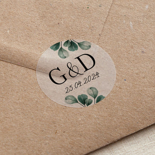 Blue Eucalyptus Initials & Date Printed Wedding Stickers