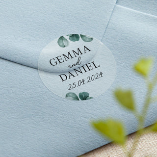 Blue Eucalyptus Names & Date Printed Wedding Stickers