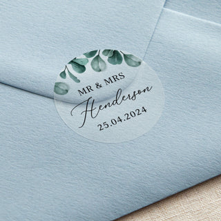 Blue Eucalyptus Custom Text Printed Wedding Stickers
