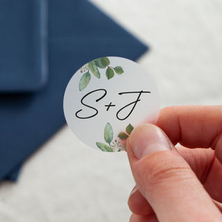 Green Eucalyptus Initials Printed Wedding Stickers