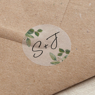 Green Eucalyptus Initials Printed Wedding Stickers