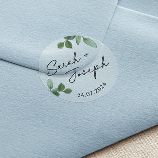 Green Eucalyptus Names & Date Printed Wedding Stickers