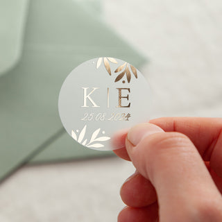 Foiled Leaves Initials & Date Wedding Stickers