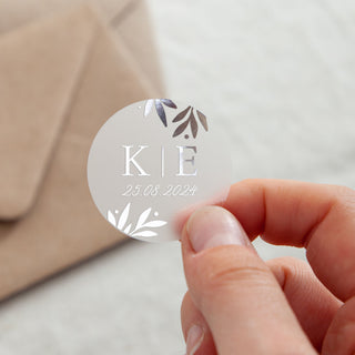 Foiled Leaves Initials & Date Wedding Stickers