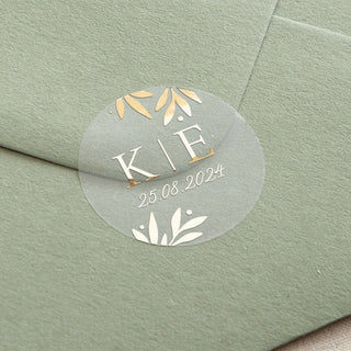 Foiled Leaves Initials & Date Wedding Stickers