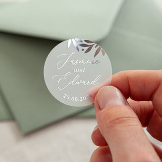 Foiled Leaves Names & Date Wedding Stickers