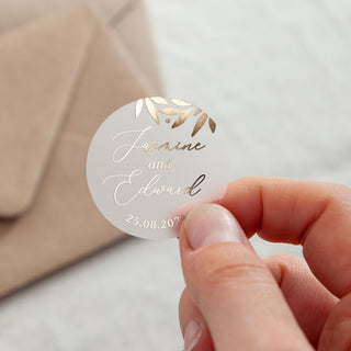 Foiled Leaves Names & Date Wedding Stickers