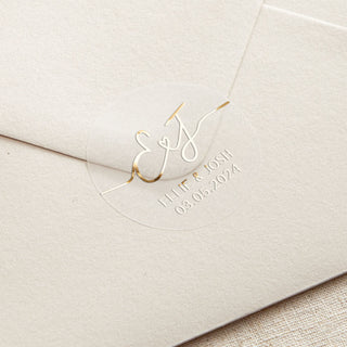 Minimal Script Initials & Details Foiled Wedding Stickers