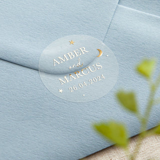 Moon & Stars Names & Date Foiled Wedding Stickers