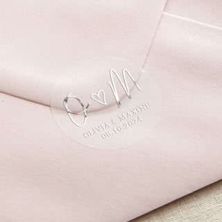 metallic silver foiled personalised wedding sticker on an envelope