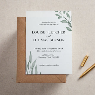 Illustrated Watercolour Leaves Printed Wedding Invitation