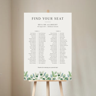 Watercolour Eucalyptus Wedding Banquet Table Plan Sign