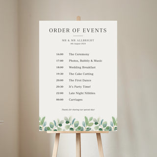 Watercolour Eucalyptus Order of the Day Wedding Sign