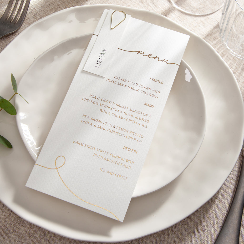 Minimal Script Foiled Wedding Menus – No Ordinary Weddings