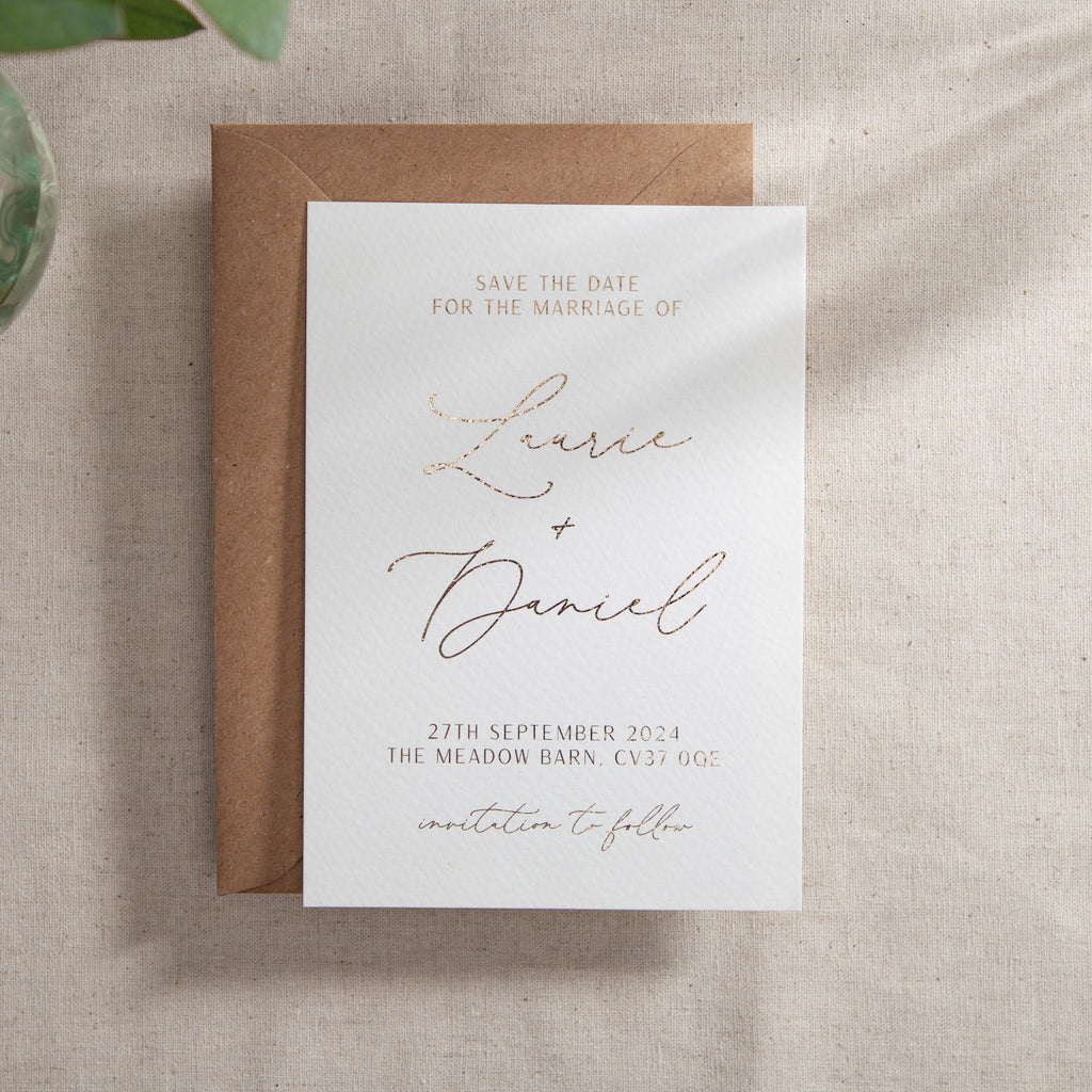 Modern Elegance Foiled Save the Date with Script Names – No Ordinary ...